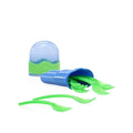 The Nuby Fork & Spoon Travel Set with Case features a blue and green plastic container with a dome-shaped lid, open to display several kid-sized utensils, with two forks and spoons placed in front on a white background.