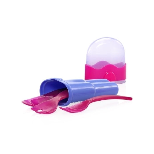 The Nuby Fork & Spoon Travel Set with Case features kid-sized utensils in a blue and pink case with a rounded translucent lid, displayed on a white background. Dishwasher safe, it’s ideal for meals on the go.