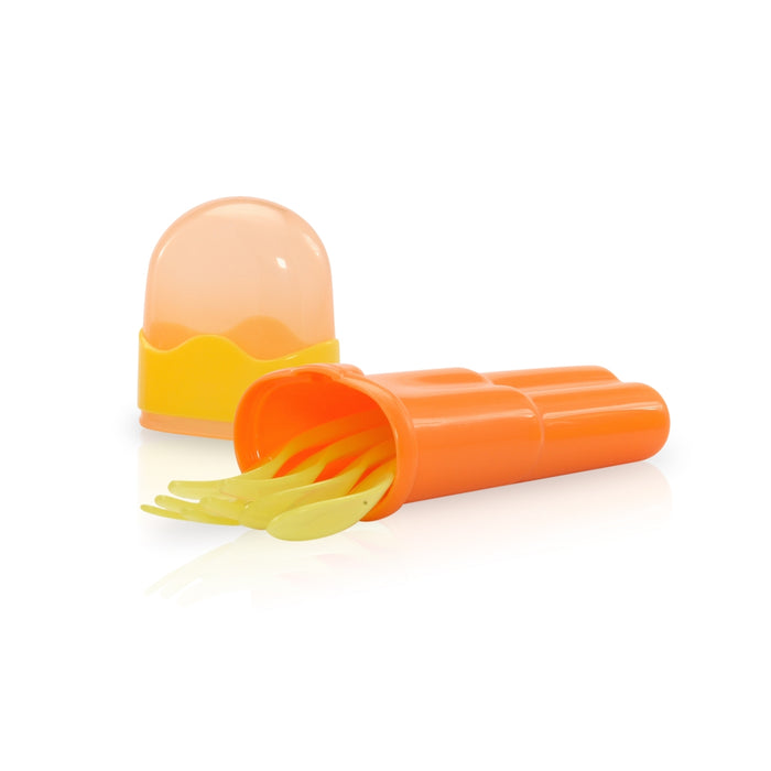 The Nuby Fork & Spoon Travel Set with Case features an orange plastic case with a transparent cap, containing kid-sized utensils. Displayed on a white background, the set is dishwasher safe for easy cleaning.