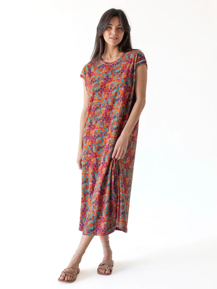 Frankie Knit Tee Midi Dress - Rust Turquoise Floral-view 1
