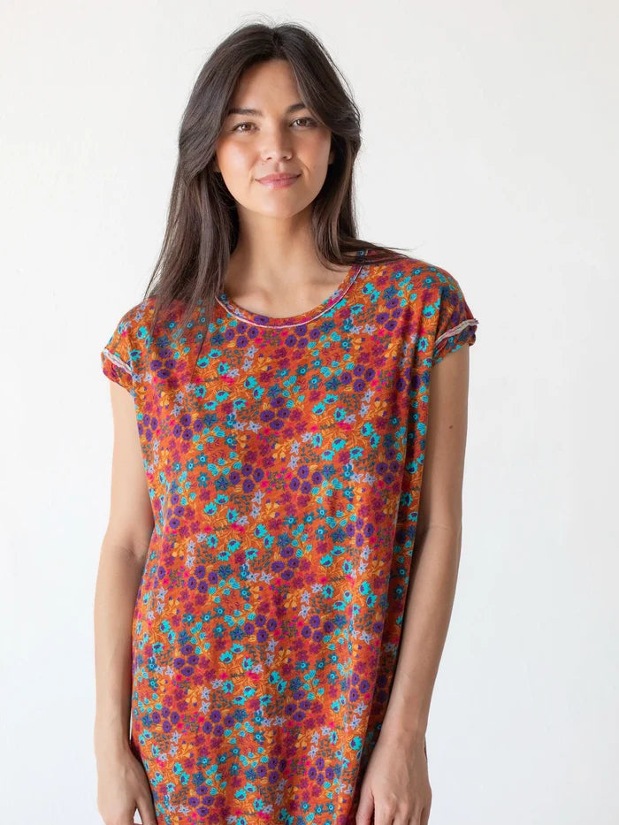 Frankie Knit Tee Midi Dress - Rust Turquoise Floral-view 2