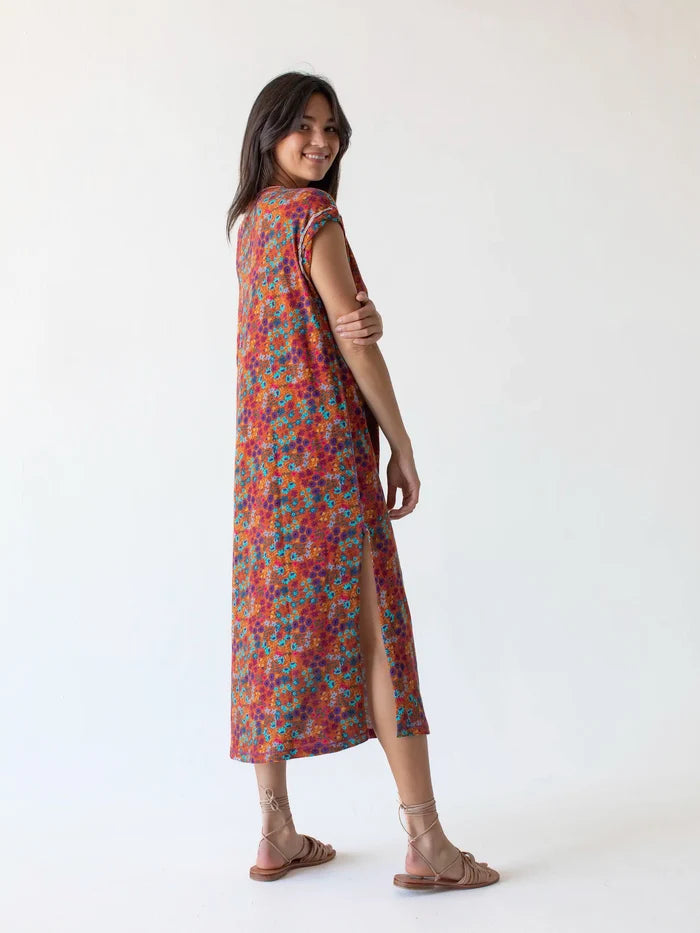Frankie Knit Tee Midi Dress - Rust Turquoise Floral-view 3