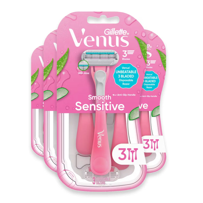 Gillette Venus Smooth Sensitive Disposable Razors with Aloe, 3 Blades - 3 Ct - 4 Pack