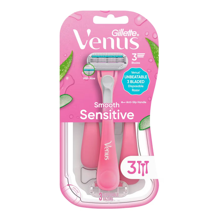 Gillette Venus Smooth Sensitive Disposable Razors with Aloe, 3 Blades - 3 Ct - 4 Pack