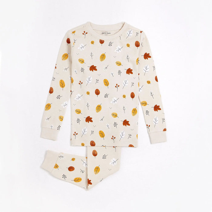 Petit Lem girls Foliage pajama set in Natural with autumn leaf print and matching pants.