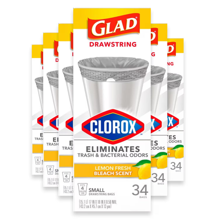 Glad Drawstring Small Trash Bags Lemon Fresh Bleach Scent 4 Gallon - 34 Ct - 6 Pack