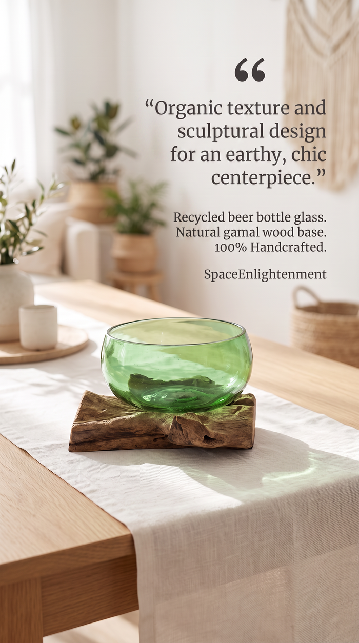 Green Glass Ornamental Bowl Handcrafted from Recycled Glass and Gamal Wood