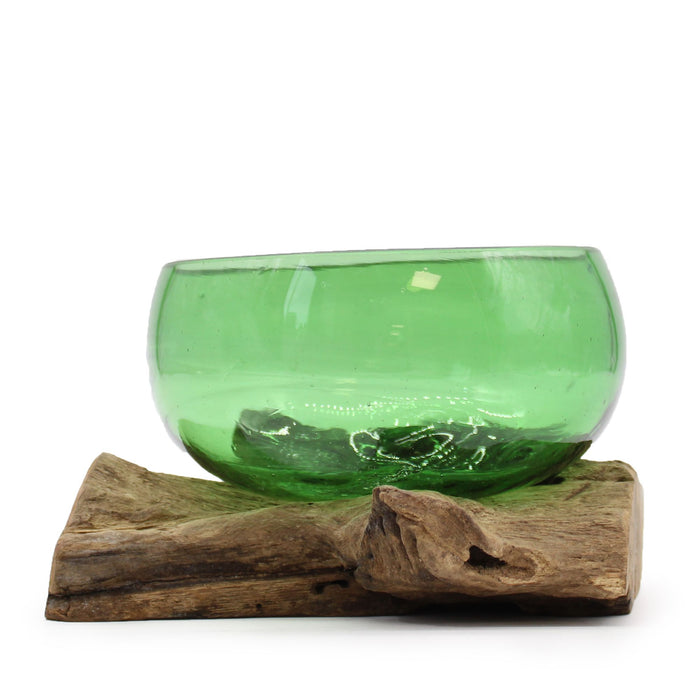 Green Glass Ornamental Bowl Handcrafted from Recycled Glass and Gamal Wood