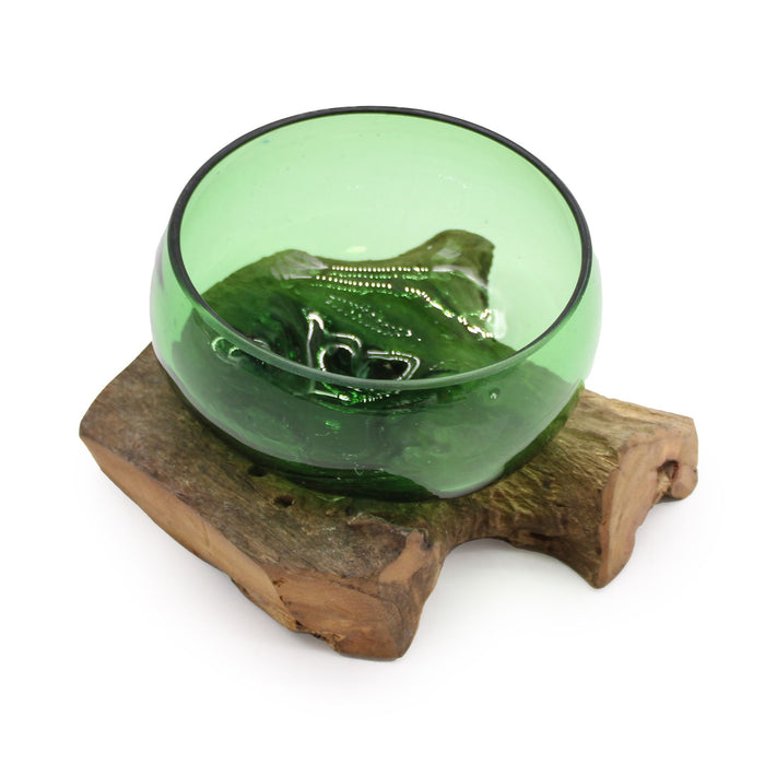 Green Glass Ornamental Bowl Handcrafted from Recycled Glass and Gamal Wood