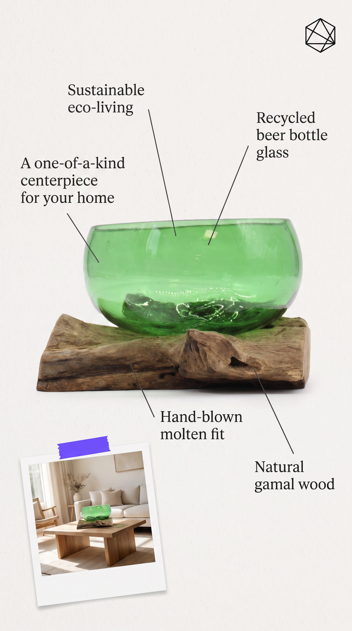 Green Glass Ornamental Bowl Handcrafted from Recycled Glass and Gamal Wood