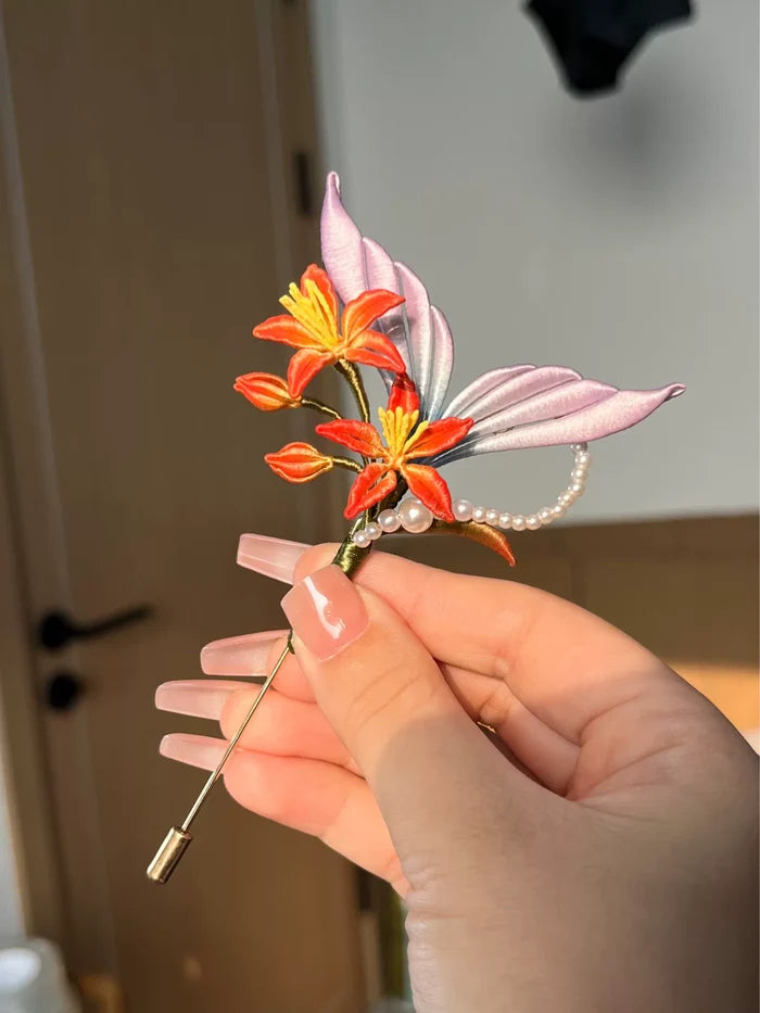 Handmade Chanhua fish - tail galangal lily brooch with orange - red flowers, pastel leaves and pearl accents-3