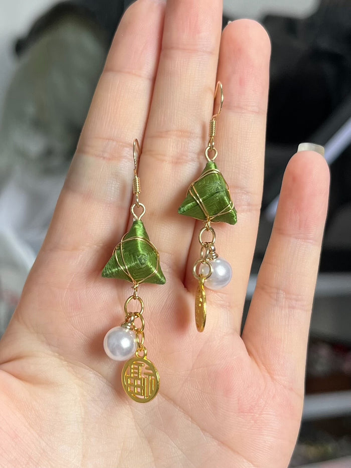 Handmade Chanhua Zongzi Earrings with green zongzi pendants, white pearls and golden 'Fu' charms
