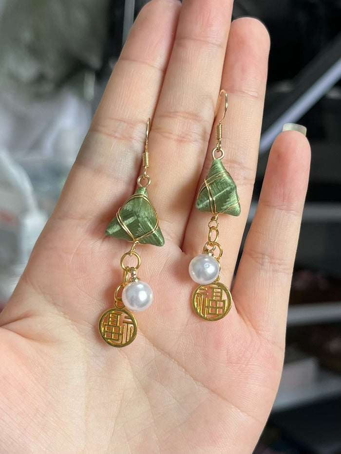 Handmade Chanhua Zongzi Earrings with green zongzi pendants, white pearls and golden 'Fu' charms-2