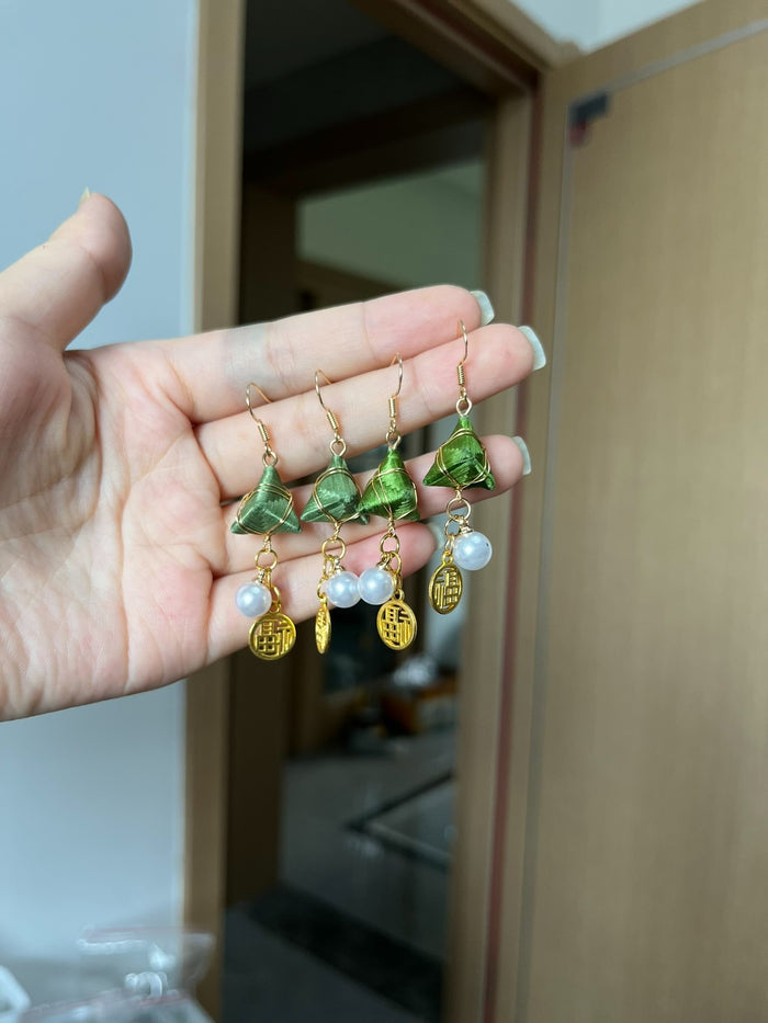 Handmade Chanhua Zongzi Earrings with green zongzi pendants, white pearls and golden 'Fu' charms-3