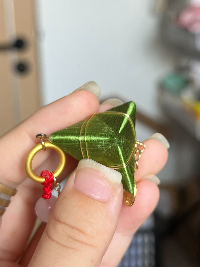 Handmade Chanhua Zongzi Earrings with green zongzi pendants, white pearls and golden 'Fu' charms-4