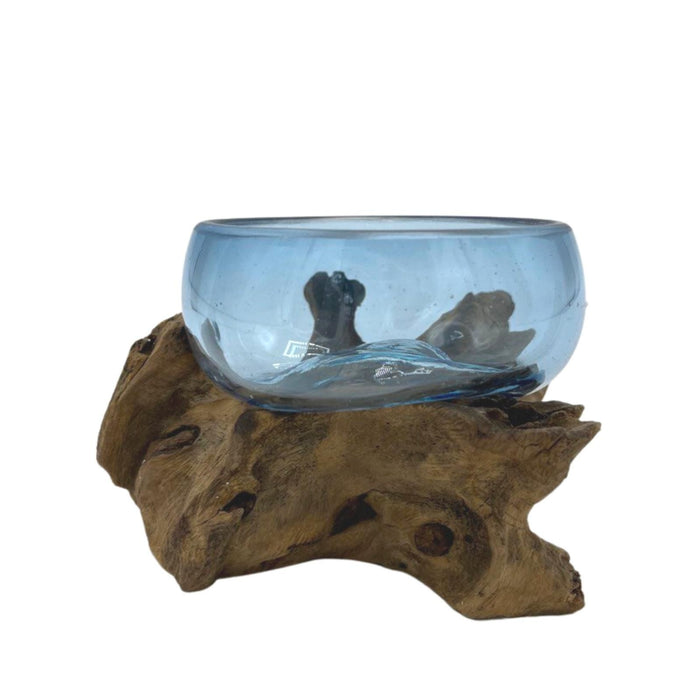 Handmade Molton Glass Mini Blue Bowl on Genuine Gamal Wood