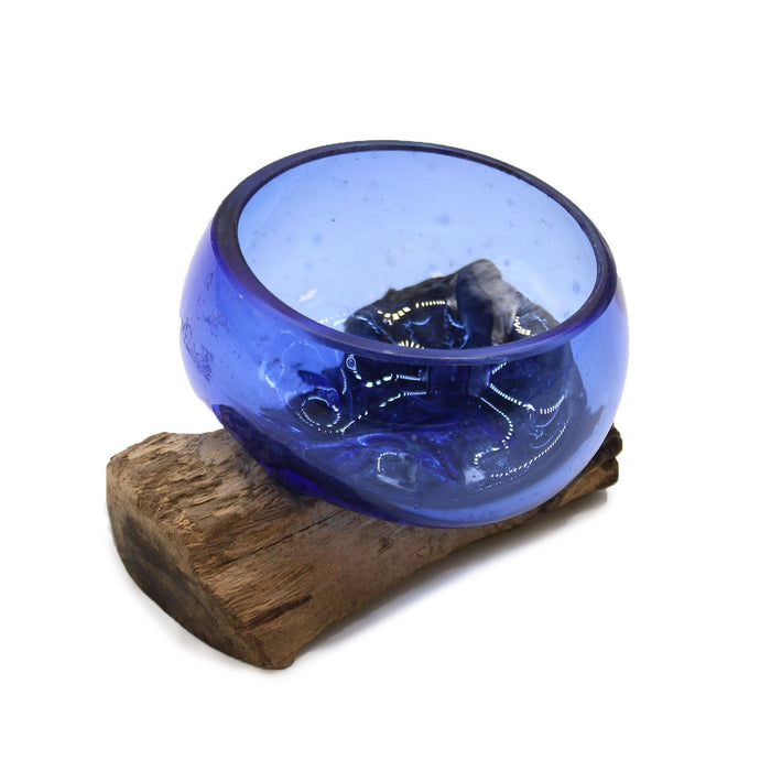 Handmade Molton Glass Mini Blue Bowl on Genuine Gamal Wood