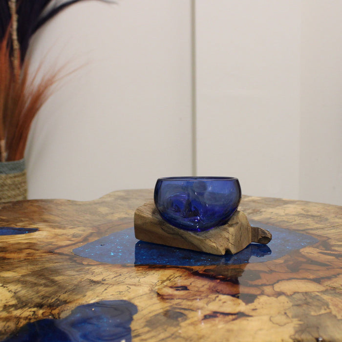 Handmade Molton Glass Mini Blue Bowl on Genuine Gamal Wood