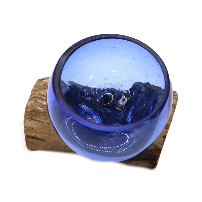 Handmade Molton Glass Mini Blue Bowl on Genuine Gamal Wood