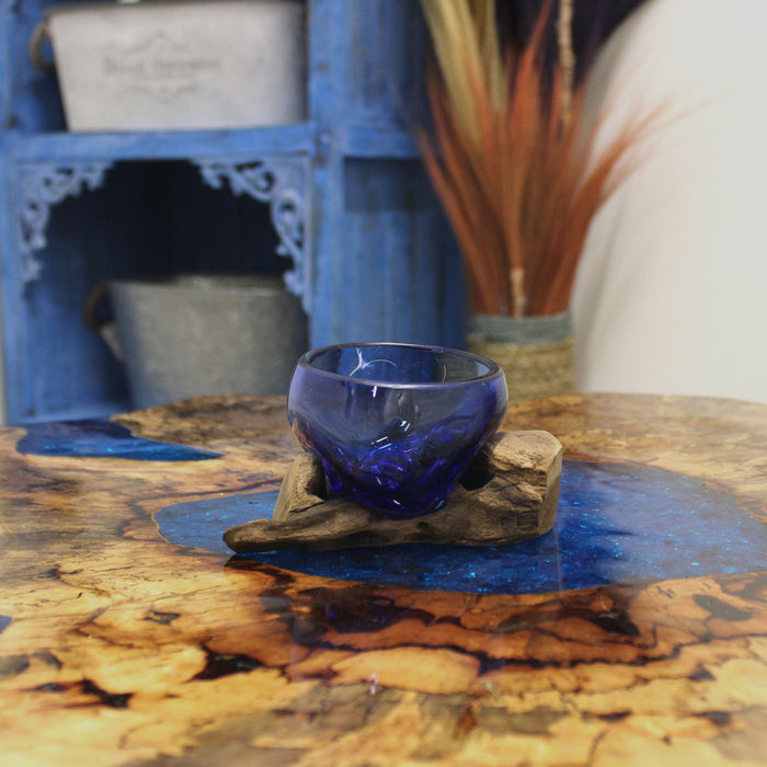 Handmade Molton Glass Mini Blue Bowl on Genuine Gamal Wood
