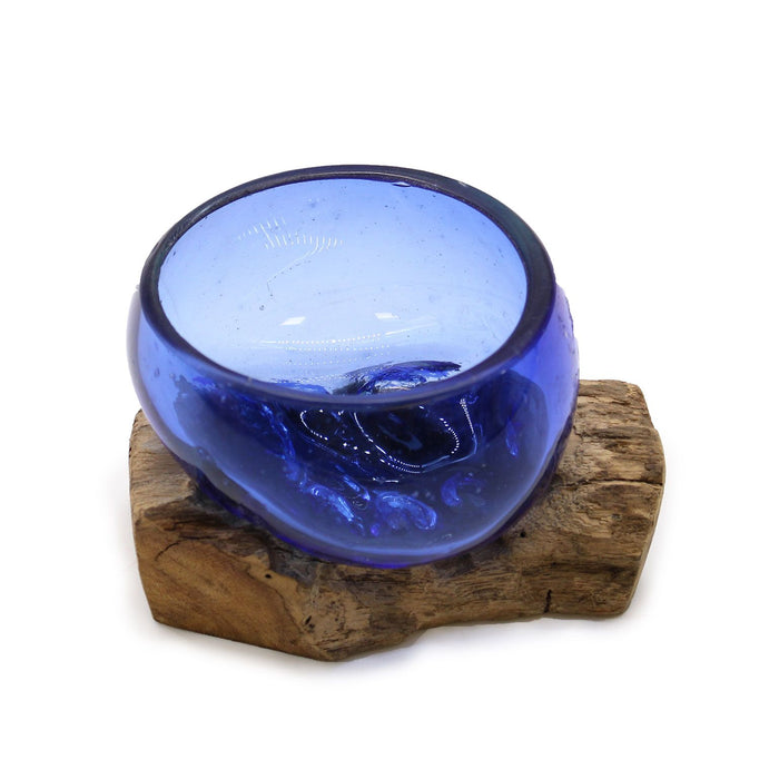 Handmade Molton Glass Mini Blue Bowl on Genuine Gamal Wood