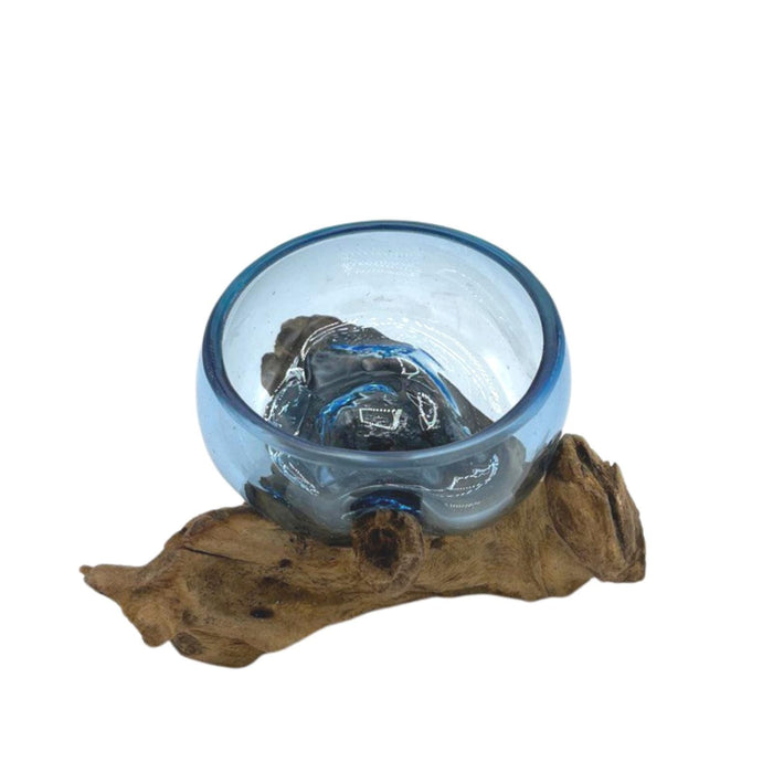 Handmade Molton Glass Mini Blue Bowl on Genuine Gamal Wood