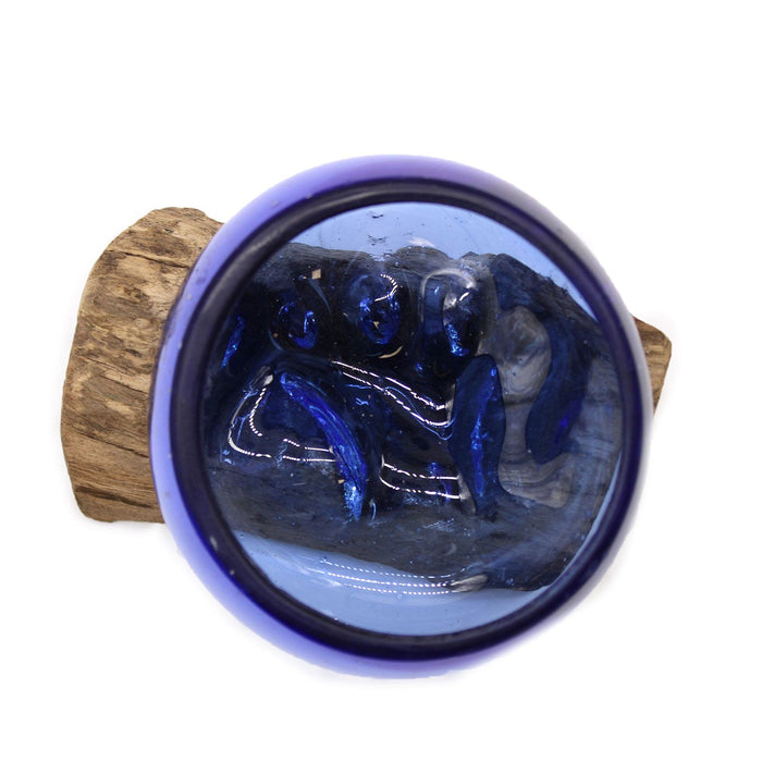 Handmade Molton Glass Mini Blue Bowl on Genuine Gamal Wood