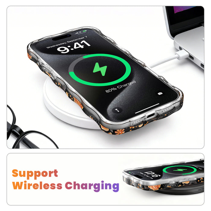 Wireless charging diagram showing an iPhone in the Haunted Blossoms Wavy Luxe MagSafe case charging on a wireless charging pad.