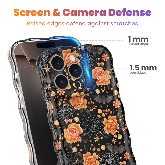 Screen and camera defense diagram for the Haunted Blossoms MagSafe iPhone case showing 1 mm screen edges and 1.5 mm lens edges.
