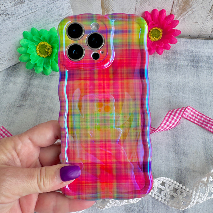 Hazy Tartan Wavy Luxe MagSafe Case for iPhone — The hazy tartan design blends hot pink, lime green, purple, yellow, and orange in a mesmerizing pattern.