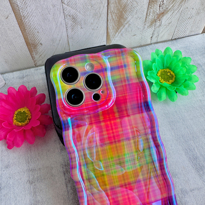 Hazy Tartan Wavy Luxe MagSafe Case for iPhone — The hazy tartan design blends hot pink, lime green, purple, yellow, and orange in a mesmerizing pattern.