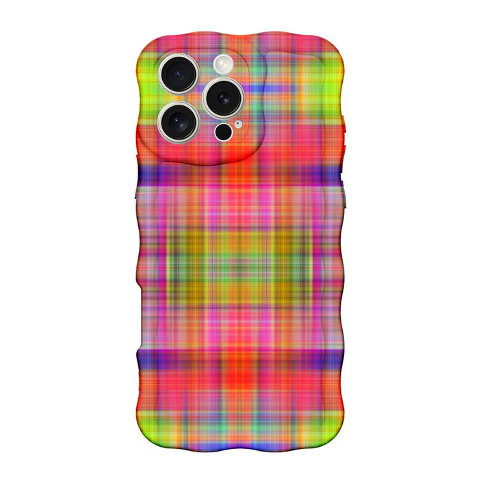 Hazy Tartan Wavy Luxe MagSafe Case for iPhone — The hazy tartan design blends hot pink, lime green, purple, yellow, and orange in a mesmerizing pattern.
