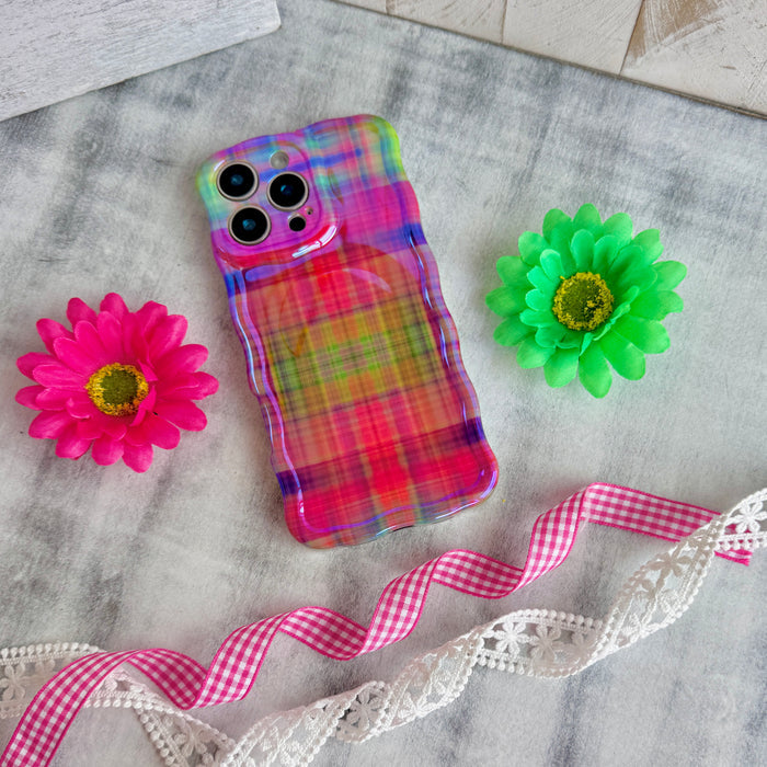 Hazy Tartan Wavy Luxe MagSafe Case for iPhone — The hazy tartan design blends hot pink, lime green, purple, yellow, and orange in a mesmerizing pattern.