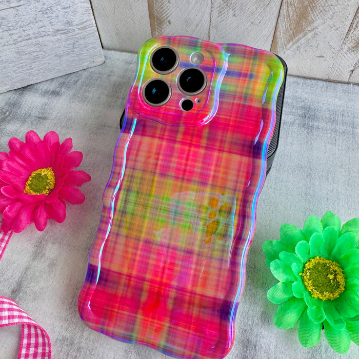 Hazy Tartan Wavy Luxe MagSafe Case for iPhone — The hazy tartan design blends hot pink, lime green, purple, yellow, and orange in a mesmerizing pattern.
