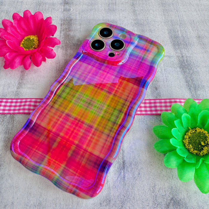 Hazy Tartan Wavy Luxe MagSafe Case for iPhone — The hazy tartan design blends hot pink, lime green, purple, yellow, and orange in a mesmerizing pattern.