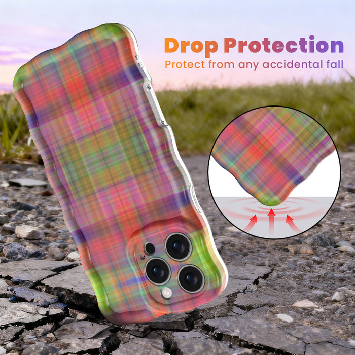 Hazy Tartan Wavy Luxe MagSafe Case for iPhone — The hazy tartan design blends hot pink, lime green, purple, yellow, and orange in a mesmerizing pattern.