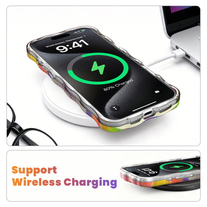 Hazy Tartan Wavy Luxe MagSafe Case for iPhone — The hazy tartan design blends hot pink, lime green, purple, yellow, and orange in a mesmerizing pattern.