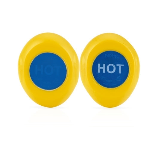 Two yellow, oval-shaped Hot Safe Bath Ducks with blue centers labeled "HOT" in white letters are shown side by side on a white background. These baby bath accessories have a built-in safety indicator for added protection.
