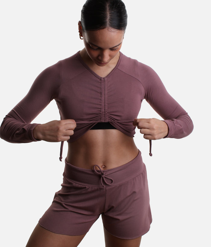 ICHIKA Bamboo Ballet Top – Adjustable Ruched Long Sleeve Warm-Up
