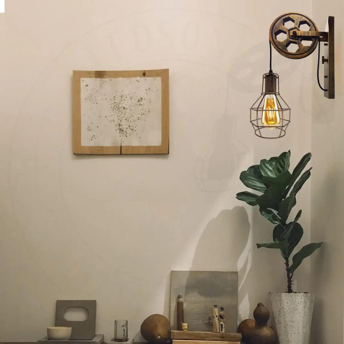 Industrial Wall Light E27 – Adjustable Pulley Vintage Cage Lamp~5300