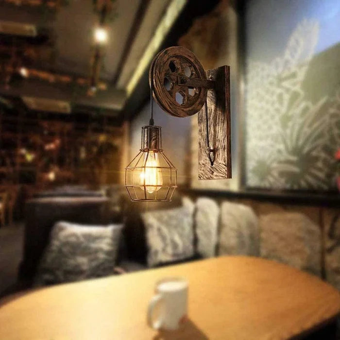 Industrial Wall Light E27 – Adjustable Pulley Vintage Cage Lamp~5300