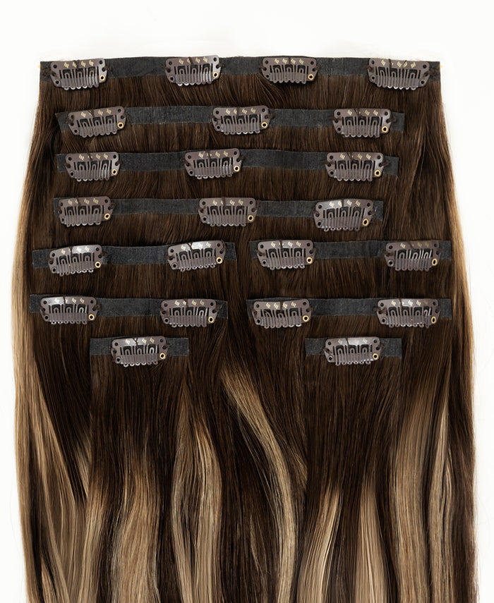 invisible clip-in hair extensions ash brown balayage.