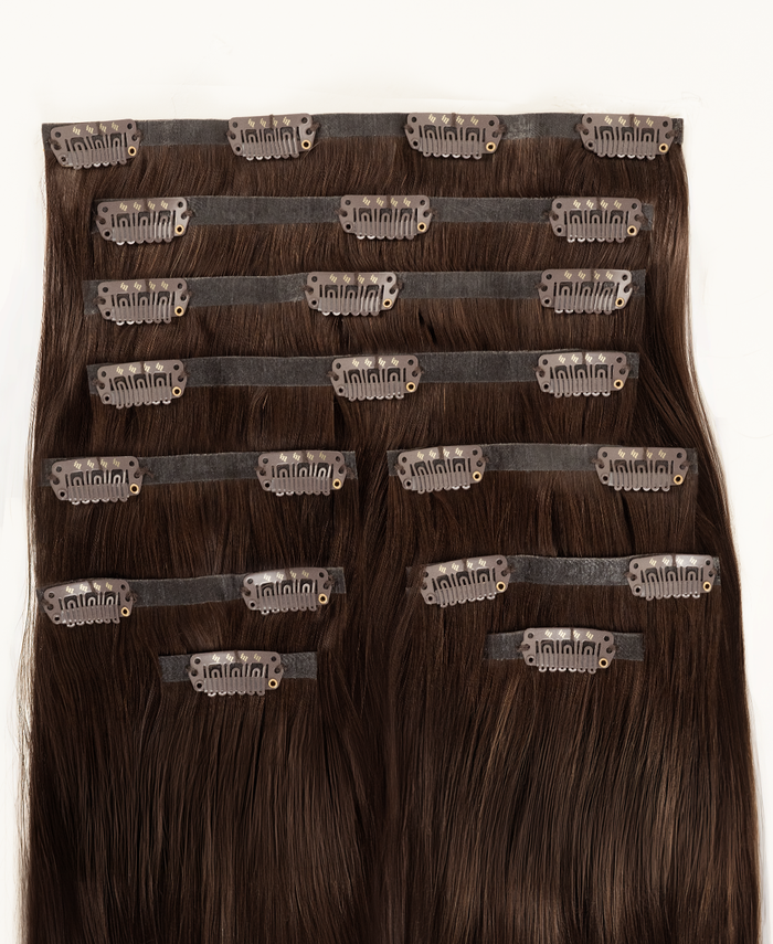 invisible clip-in hair extensions chocolate brown.