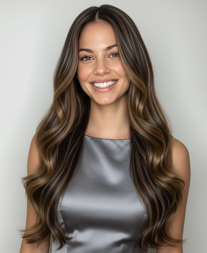 invisible clip-in hair extensions dark highlights.