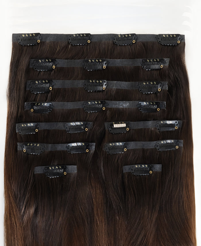 invisible clip-in hair extensions dimensional brown.