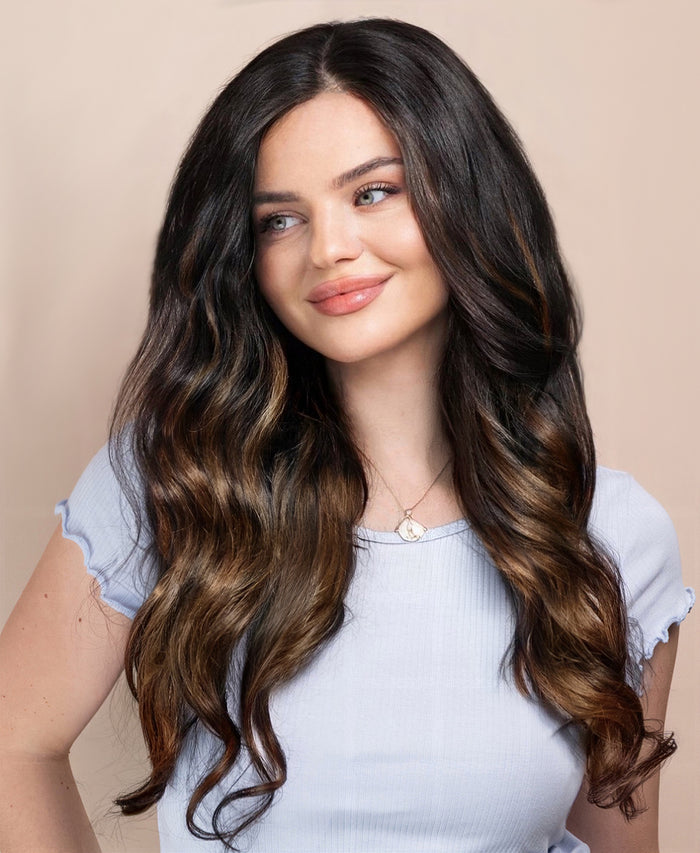 invisible clip-in hair extensions mocha balayage.