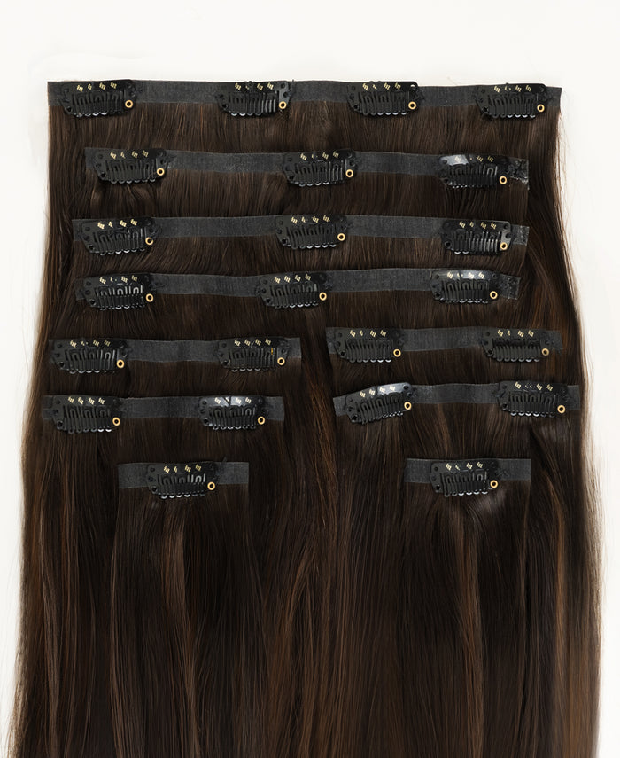 invisible clip-in hair extensions mocha balayage.