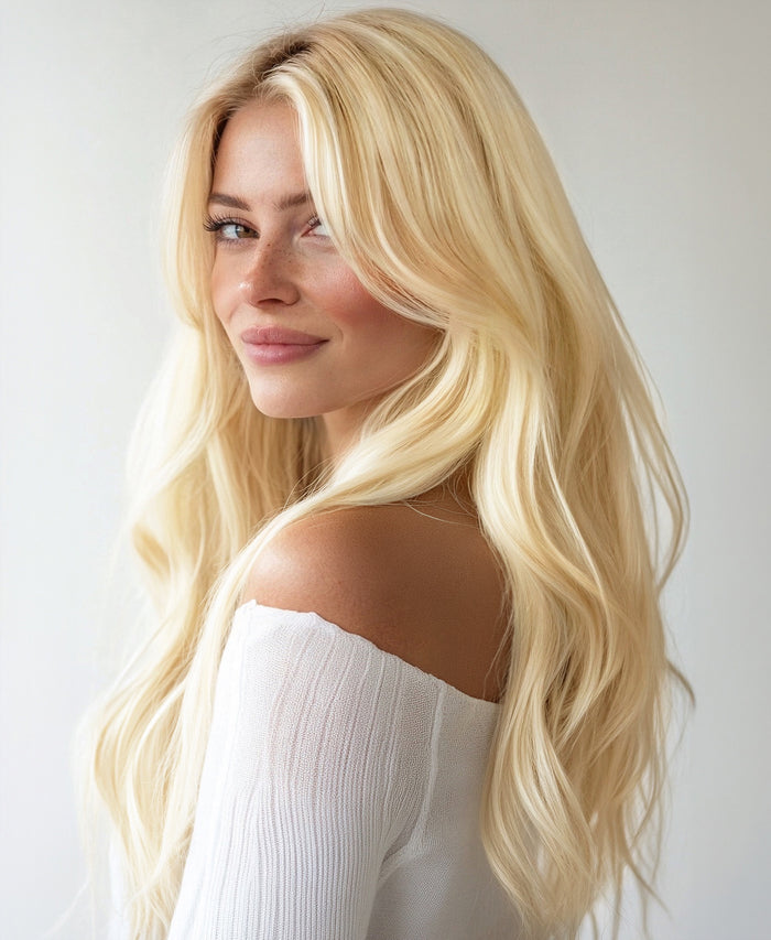 invisible clip-in hair extensions platinum blonde.