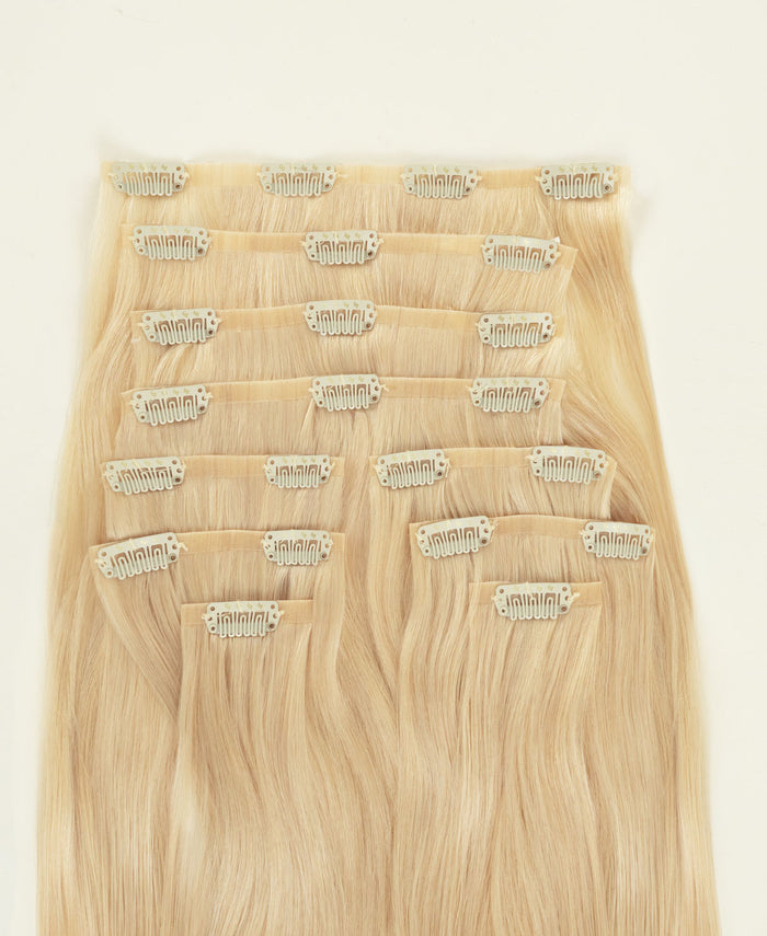 invisible clip-in hair extensions platinum blonde.
