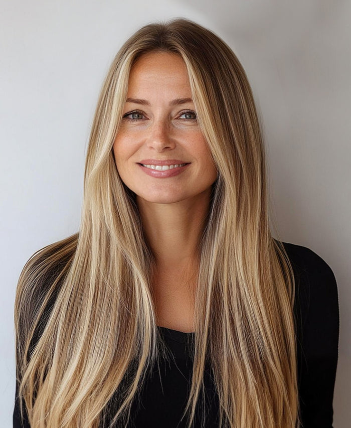 invisible clip-in hair extensions rooted blonde highlights.